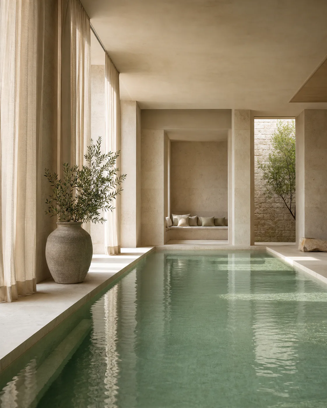 Светлый бассейн SPA-центра Serenity в интерьере из натурального камня